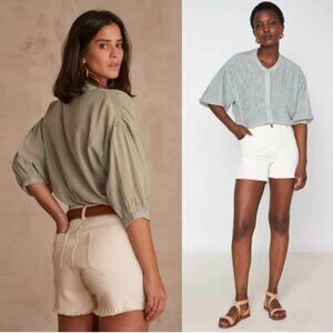 MAISON 123 PARIS Almond Blouse Lightweight Green Stripes Size FR 42 (US 12)